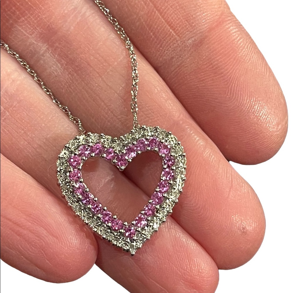 Sterling silver REAL diamond pink topaz heart necklace 925